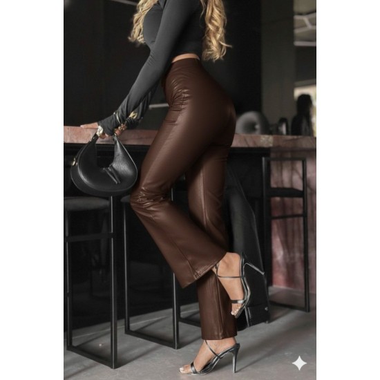 Kadın Yüksek Bel Paçaya Doğru Geniş Deri Pantolon , 30934