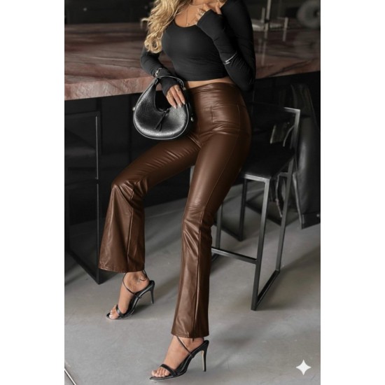 Kadın Yüksek Bel Paçaya Doğru Geniş Deri Pantolon , 30934