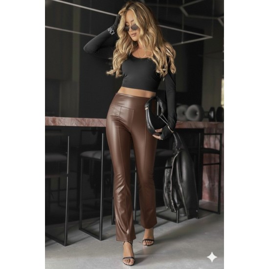 Kadın Yüksek Bel Paçaya Doğru Geniş Deri Pantolon , 30934