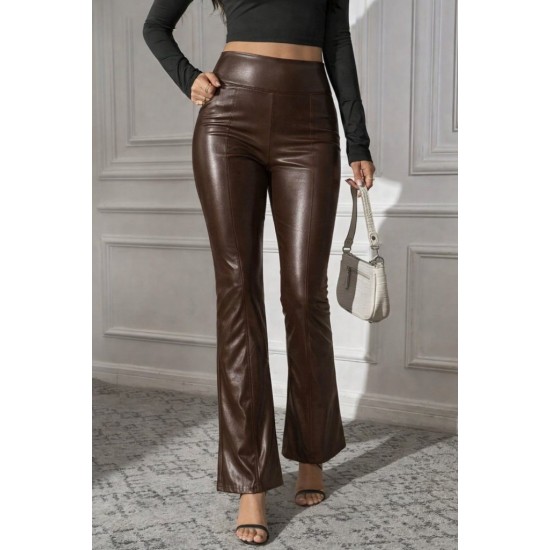 Kadın Yüksek Bel Paçaya Doğru Geniş Deri Pantolon , 30934