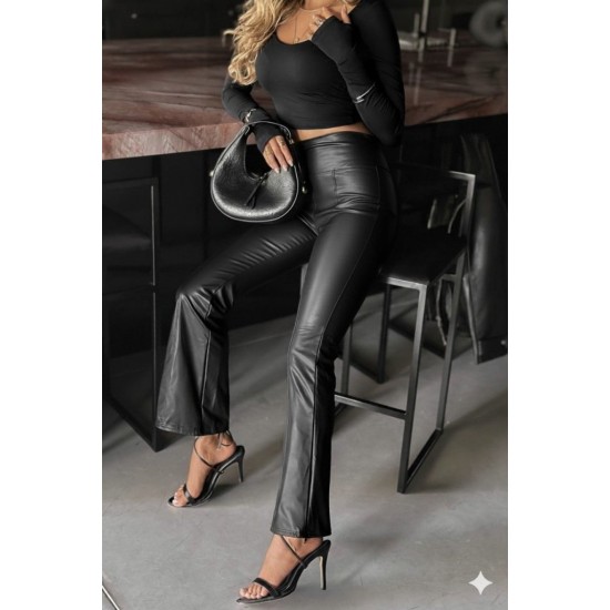 Kadın Yüksek Bel Paçaya Doğru Geniş Deri Pantolon , 30933