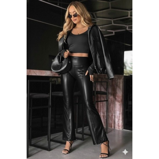 Kadın Yüksek Bel Paçaya Doğru Geniş Deri Pantolon , 30933