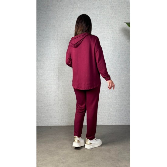 Kadın Uzun Kollu Kapşonlu Bağcıklı Viskon Iki Iplik Bluz Ve Pantolon Ikili Takım, 30931