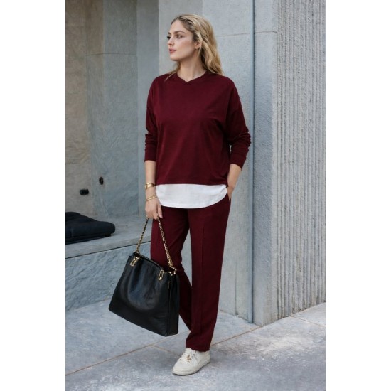 Kadın Uzun Kollu Kapşonlu Bağcıklı Viskon Iki Iplik Bluz Ve Pantolon Ikili Takım, 30931