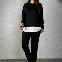 Kadın Uzun Kollu Kapşonlu Bağcıklı Viskon Iki Iplik Bluz Ve Pantolon Ikili Takım , 30930