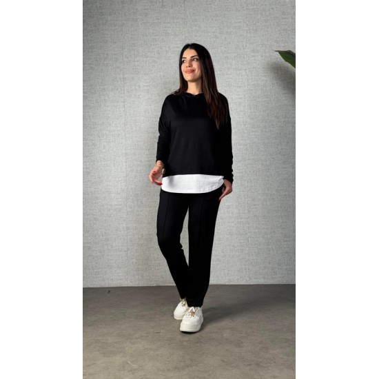 Kadın Uzun Kollu Kapşonlu Bağcıklı Viskon Iki Iplik Bluz Ve Pantolon Ikili Takım , 30930