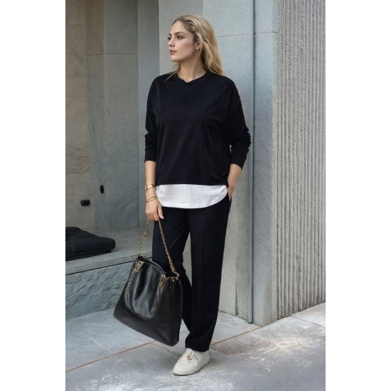 Kadın Uzun Kollu Kapşonlu Bağcıklı Viskon Iki Iplik Bluz Ve Pantolon Ikili Takım , 30930