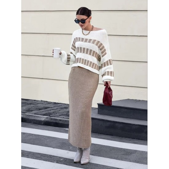 Kadın Uzun Kollu Kayık Yakalı Salaş Triko Bluz Ve Etek Ikili Takım , 30929