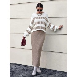 Kadın Uzun Kollu Kayık Yakalı Salaş Triko Bluz Ve Etek Ikili Takım , 30929 Kadın Uzun Kollu Kayık Yakalı Salaş Triko Bluz Ve Etek Ikili Takım , 30929