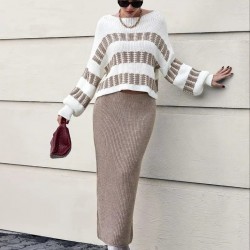 Kadın Uzun Kollu Kayık Yakalı Salaş Triko Bluz Ve Etek Ikili Takım , 30929