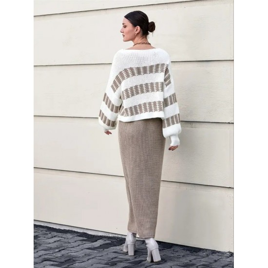 Kadın Uzun Kollu Kayık Yakalı Salaş Triko Bluz Ve Etek Ikili Takım , 30929