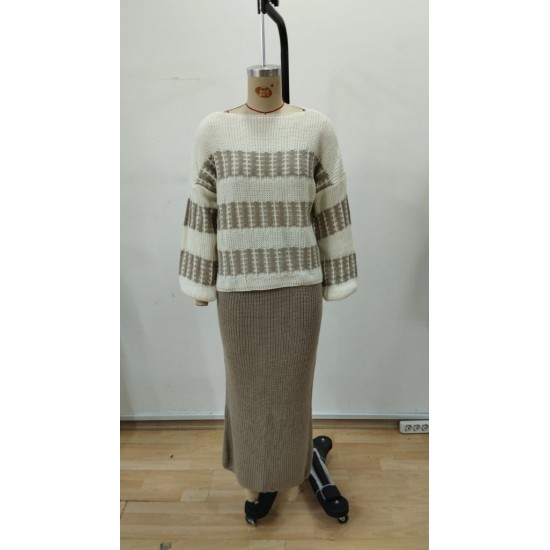 Kadın Uzun Kollu Kayık Yakalı Salaş Triko Bluz Ve Etek Ikili Takım , 30929