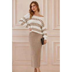 Kadın Uzun Kollu Kayık Yakalı Salaş Triko Bluz Ve Etek Ikili Takım , 30929