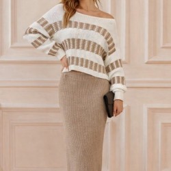 Kadın Uzun Kollu Kayık Yakalı Salaş Triko Bluz Ve Etek Ikili Takım , 30929