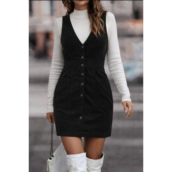Kadın Askılı V Yakalı önden Düğmeli Mini Kalın Fitilli Kadife Elbise , 30927 Kadın Askılı V Yakalı önden Düğmeli Mini Kalın Fitilli Kadife Elbise , 30927