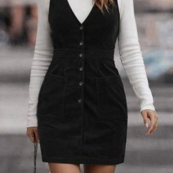 Kadın Askılı V Yakalı önden Düğmeli Mini Kalın Fitilli Kadife Elbise , 30927