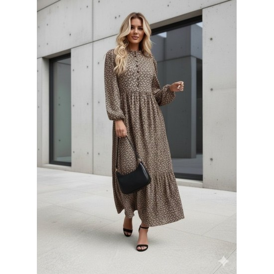 Kadın Uzun Kollu Hakim Yakalı Düğmeli Kemersiz Desenli Maxi Süprem Elbise, 30926