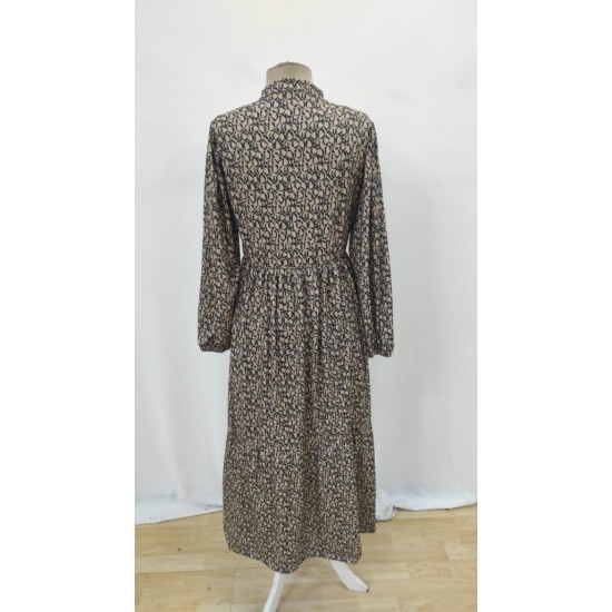 Kadın Uzun Kollu Hakim Yakalı Düğmeli Kemersiz Desenli Maxi Süprem Elbise, 30926