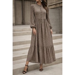 Kadın Uzun Kollu Hakim Yakalı Düğmeli Kemersiz Desenli Maxi Süprem Elbise, 30926