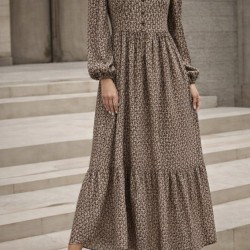 Kadın Uzun Kollu Hakim Yakalı Düğmeli Kemersiz Desenli Maxi Süprem Elbise, 30926