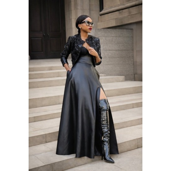 Kadın Yüksek Bel Uzun Yırtmaçlı Deri Etek , 30956