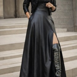 Kadın Yüksek Bel Uzun Yırtmaçlı Deri Etek , 30956