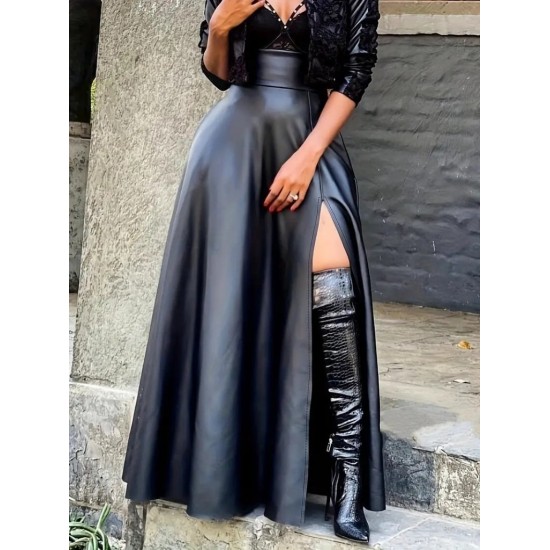 Kadın Yüksek Bel Uzun Yırtmaçlı Deri Etek , 30956