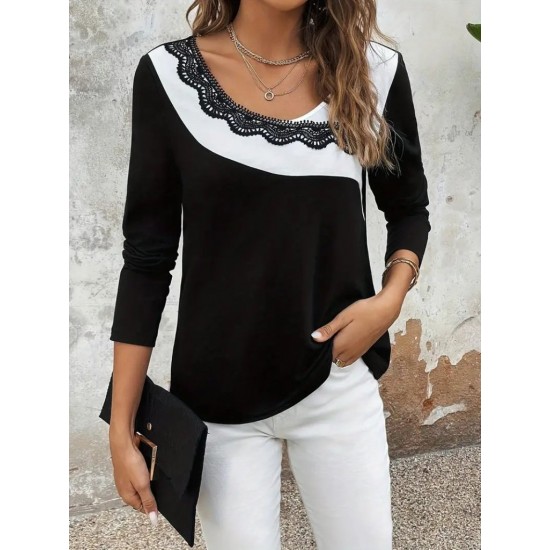 Kadın Uzun Kollu Yuvarlak Yakalı çift Renkli Dantel Detaylı Viskon Bluz , 30955