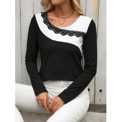 Kadın Uzun Kollu Yuvarlak Yakalı çift Renkli Dantel Detaylı Viskon Bluz , 30955 Kadın Uzun Kollu Yuvarlak Yakalı çift Renkli Dantel Detaylı Viskon Bluz , 30955
