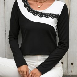 Kadın Uzun Kollu Yuvarlak Yakalı çift Renkli Dantel Detaylı Viskon Bluz , 30955