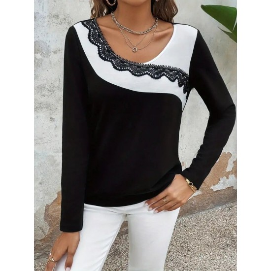 Kadın Uzun Kollu Yuvarlak Yakalı çift Renkli Dantel Detaylı Viskon Bluz , 30955