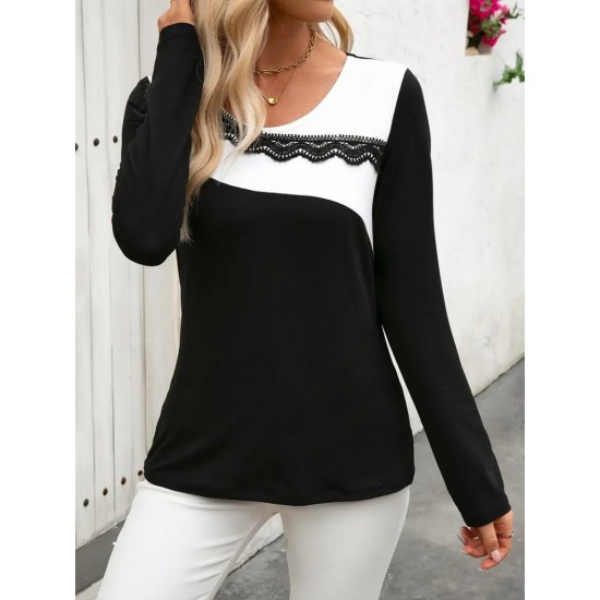Kadın Uzun Kollu Yuvarlak Yakalı çift Renkli Dantel Detaylı Viskon Bluz , 30955