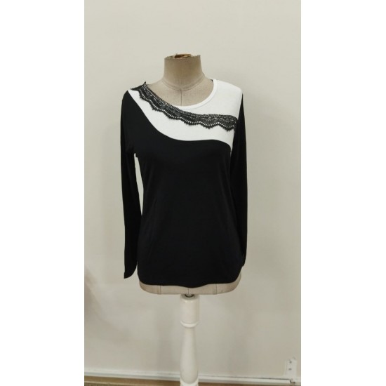 Kadın Uzun Kollu Yuvarlak Yakalı çift Renkli Dantel Detaylı Viskon Bluz , 30955