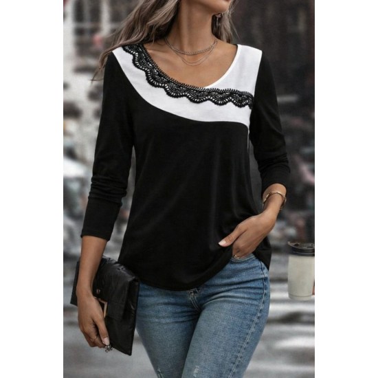Kadın Uzun Kollu Yuvarlak Yakalı çift Renkli Dantel Detaylı Viskon Bluz , 30955 Kadın Uzun Kollu Yuvarlak Yakalı çift Renkli Dantel Detaylı Viskon Bluz , 30955