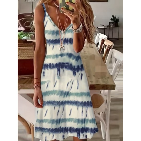 Kadın Ip Askılı V Yakalı Desenli Süprem Elbise , 30954