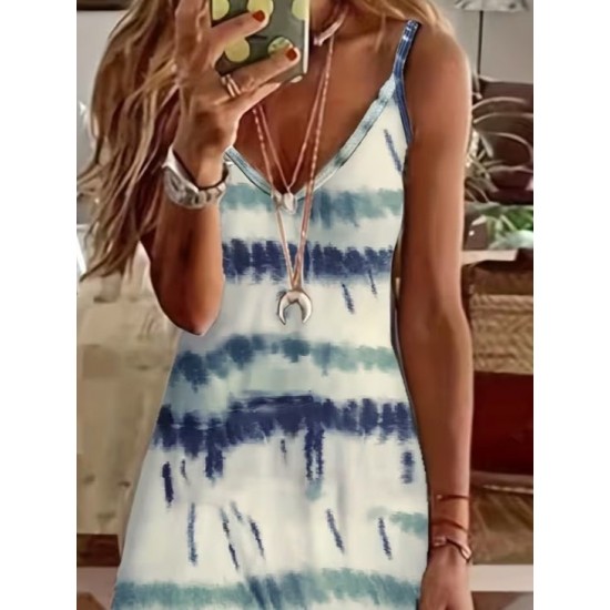 Kadın Ip Askılı V Yakalı Desenli Süprem Elbise , 30954