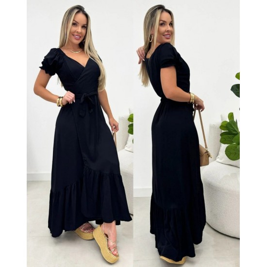 Kadın Kısa Kollu önden Kruvaze Detaylı Uzun Trikoton Elbise , 30952