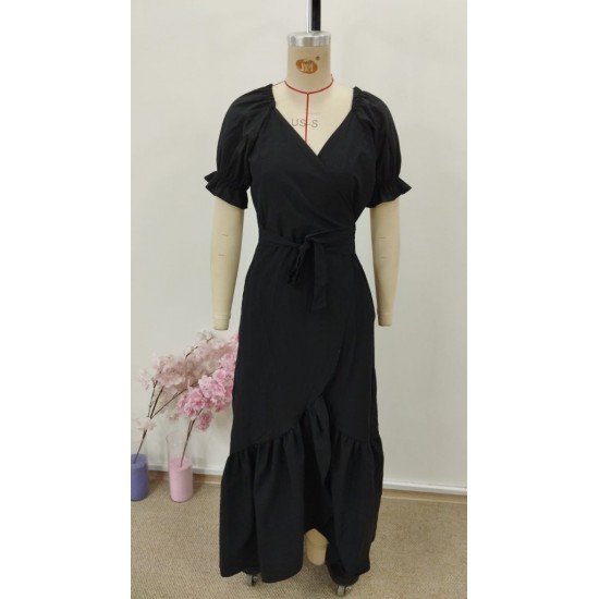 Kadın Kısa Kollu önden Kruvaze Detaylı Uzun Trikoton Elbise , 30952