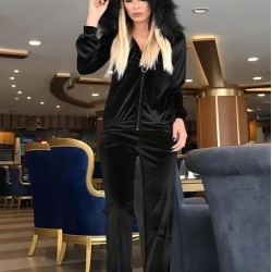 Kadın Uzun Kollu önden Fermuarlı Kapşon Tüy Detaylı Kadife Bluz Ve Pantolon Ikili Takım , 30960