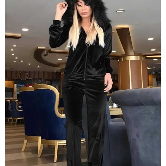 Kadın Uzun Kollu önden Fermuarlı Kapşon Tüy Detaylı Kadife Bluz Ve Pantolon Ikili Takım , 30960
