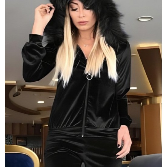 Kadın Uzun Kollu önden Fermuarlı Kapşon Tüy Detaylı Kadife Bluz Ve Pantolon Ikili Takım , 30960