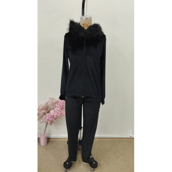 Kadın Uzun Kollu önden Fermuarlı Kapşon Tüy Detaylı Kadife Bluz Ve Pantolon Ikili Takım , 30960