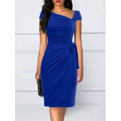 Kadın Kısa Kollu V Asimetrik Yaka Kesimli Yandan Bağlamalı Mini Janjan Krep Elbise, 30959