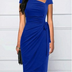 Kadın Kısa Kollu V Asimetrik Yaka Kesimli Yandan Bağlamalı Mini Janjan Krep Elbise, 30959