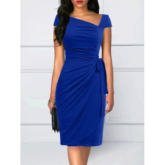 Kadın Kısa Kollu V Asimetrik Yaka Kesimli Yandan Bağlamalı Mini Janjan Krep Elbise, 30959