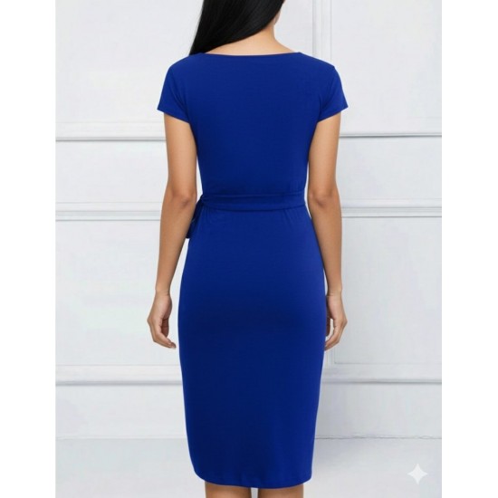 Kadın Kısa Kollu V Asimetrik Yaka Kesimli Yandan Bağlamalı Mini Janjan Krep Elbise, 30959