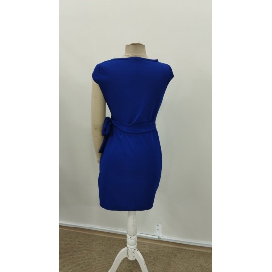 Kadın Kısa Kollu V Asimetrik Yaka Kesimli Yandan Bağlamalı Mini Janjan Krep Elbise, 30959