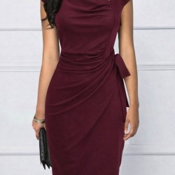 Kadın Kısa Kollu V Asimetrik Yaka Kesimli Yandan Bağlamalı Mini Janjan Krep Elbise, 30958