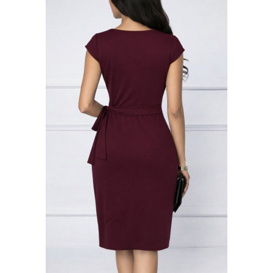 Kadın Kısa Kollu V Asimetrik Yaka Kesimli Yandan Bağlamalı Mini Janjan Krep Elbise, 30958
