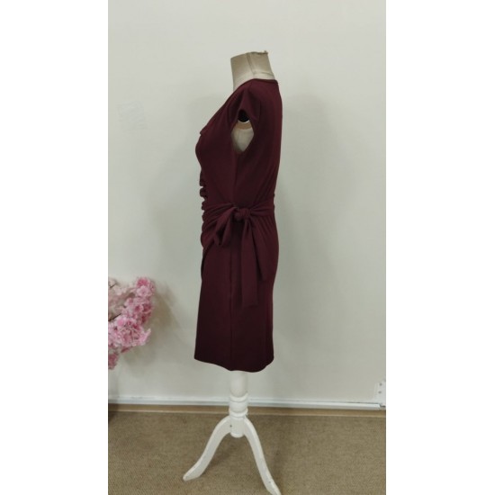 Kadın Kısa Kollu V Asimetrik Yaka Kesimli Yandan Bağlamalı Mini Janjan Krep Elbise, 30958